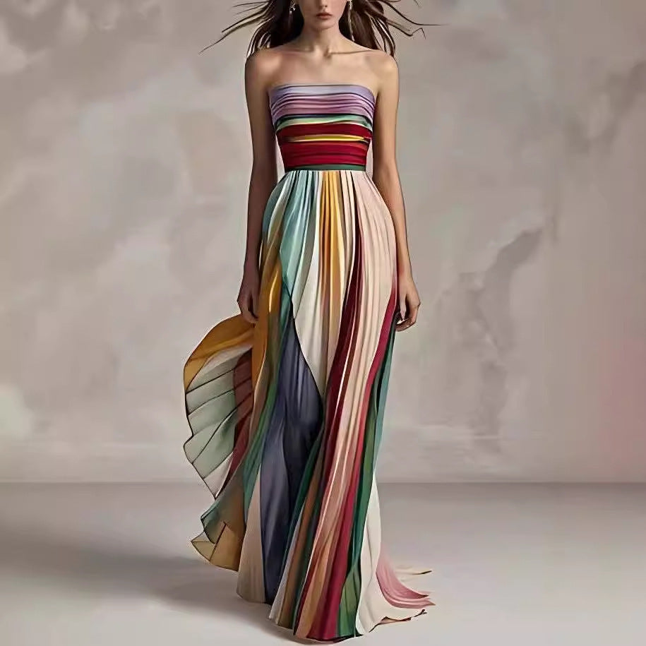 Robe Longue Femme Bustier Plissée Multicolore